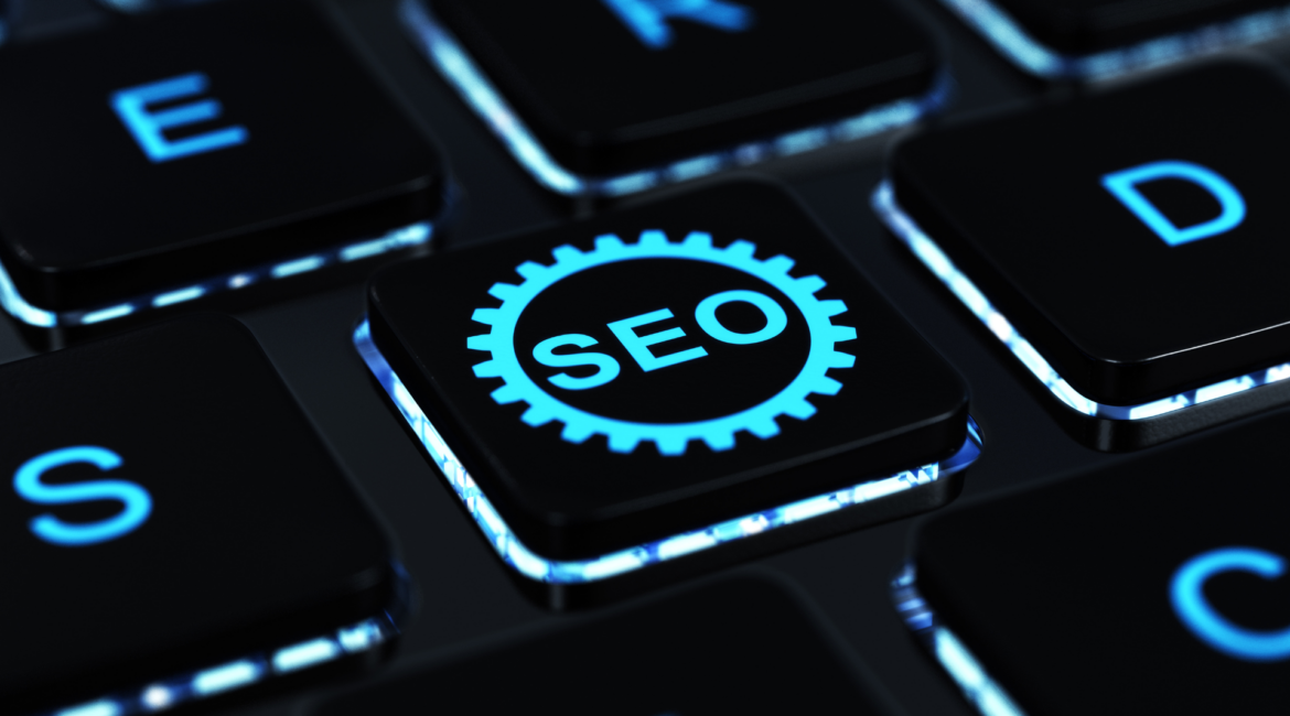 Keyboard with a key labeled SEO representing search engine optimization