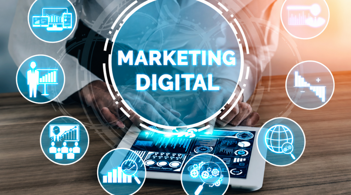 Illustration d’une agence de marketing digital représentant des stratégies de croissance et de visibilité en ligne