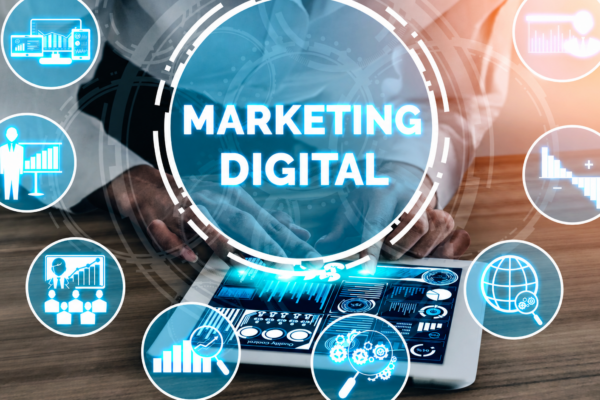 Illustration d’une agence de marketing digital représentant des stratégies de croissance et de visibilité en ligne