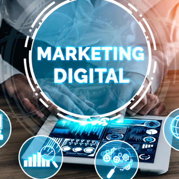 Illustration d’une agence de marketing digital représentant des stratégies de croissance et de visibilité en ligne