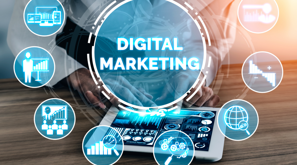 Digital marketing dashboard illustration representing online marketing strategies and business growth