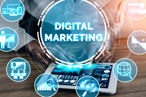 Digital marketing dashboard illustration representing online marketing strategies and business growth