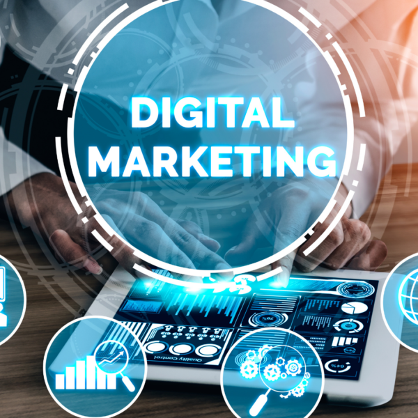 Digital marketing dashboard illustration representing online marketing strategies and business growth